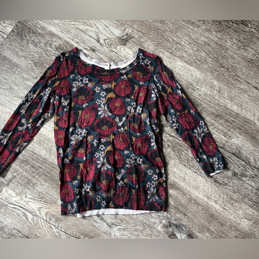 LOFT Floral Red 3/4 Sleeve Sweater Blouse